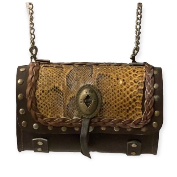 no brand Bags Vintage Brown Leather Snake Skin Accent Brass Studs